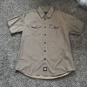 Dixxon Workforce Tan & Black Striped Men’s Short Sleeve Button Up Shirt Sz XL